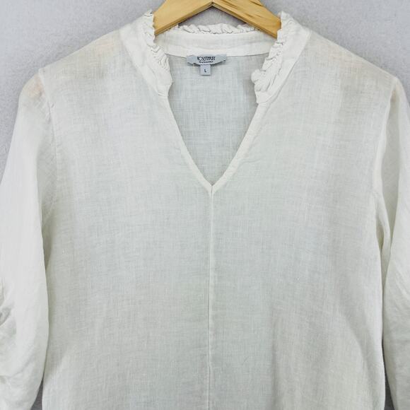 ROSE MARINE Top L Linen Tunic Ruffle V-Neck Roll Tab Sleeve Off White Italy - Picture 3 of 13